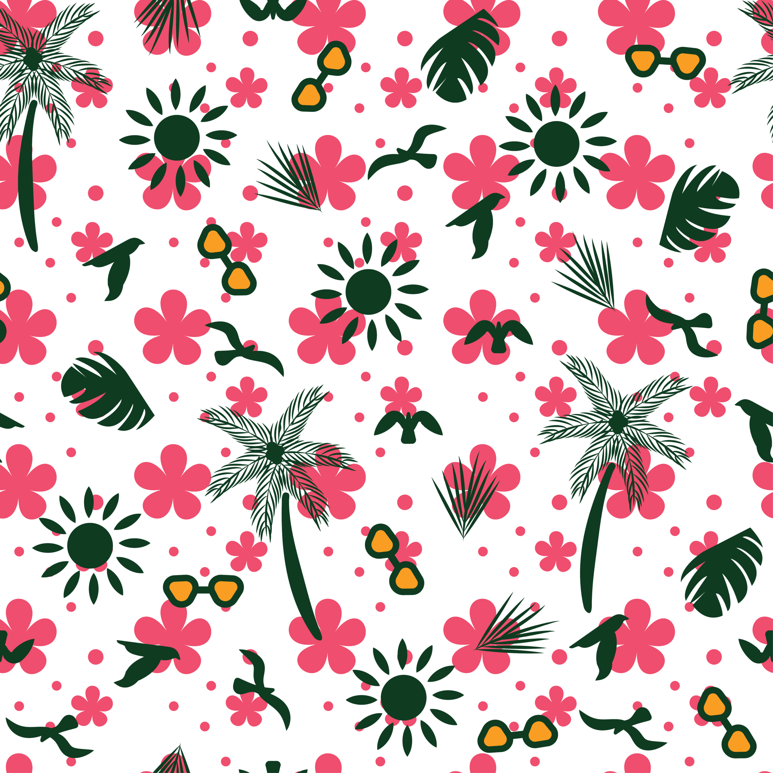 A seamless ditsy surface pattern design titled "Pwani Bloom," featuring scattered bright magenta flowers, detailed natural green palm trees, and small monstera leaves on a crisp cream background. The playful layout is accented with tiny pink star-dots and small retro aviator sunglasses with gold lenses.